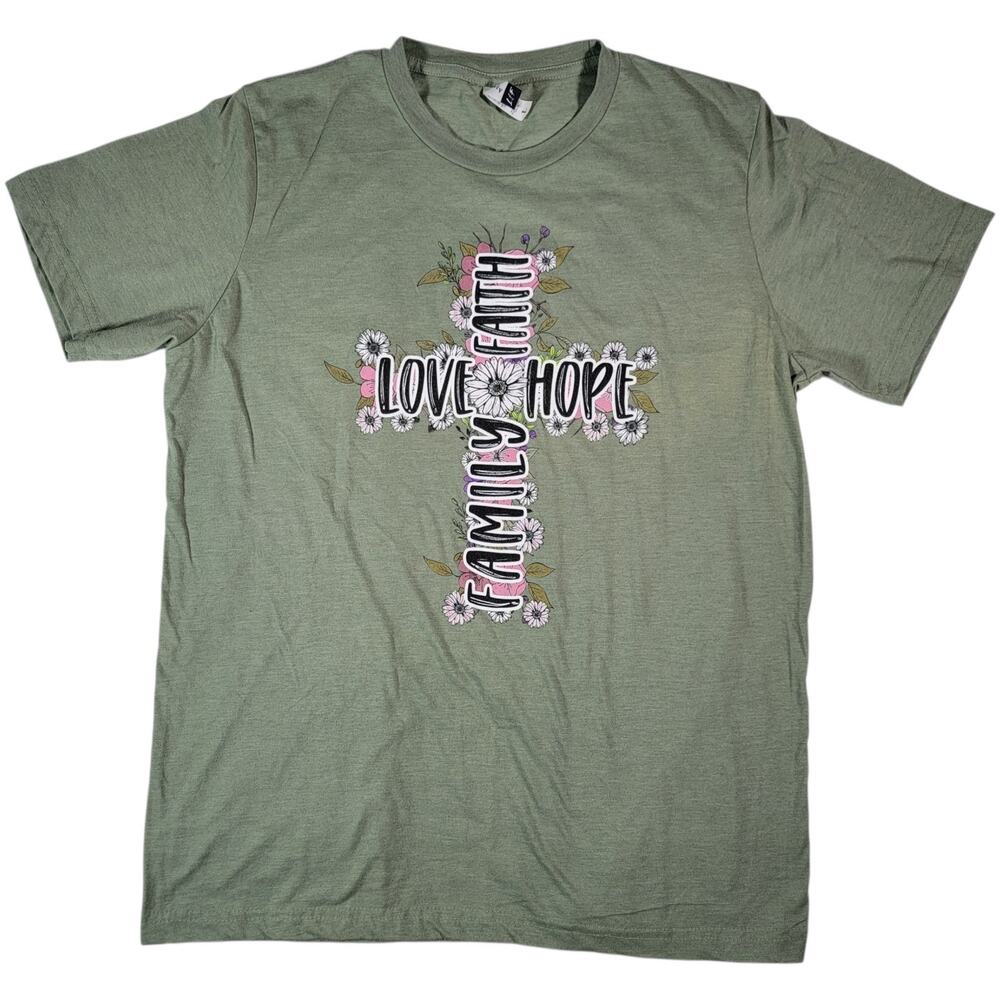 LiF Apparel Faith Love Hope Family Cross Graphic Tee Womens Large Green Shirt
